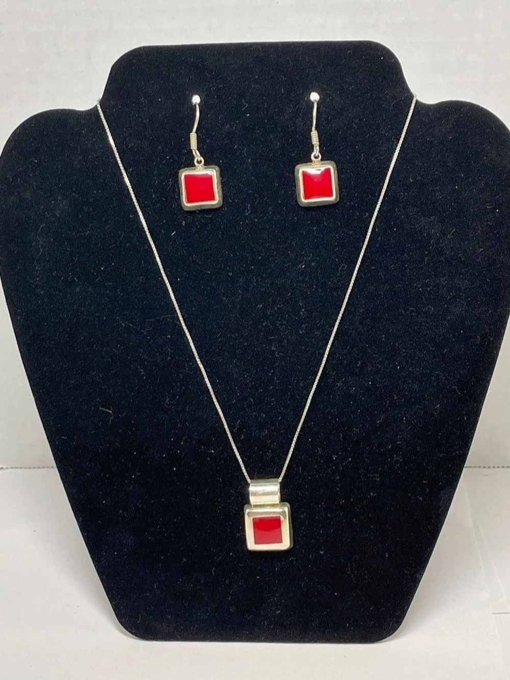 VTG Mexican Sterling Silver Red Jasper Pendant Necklace 925 Italy Chain Earrings